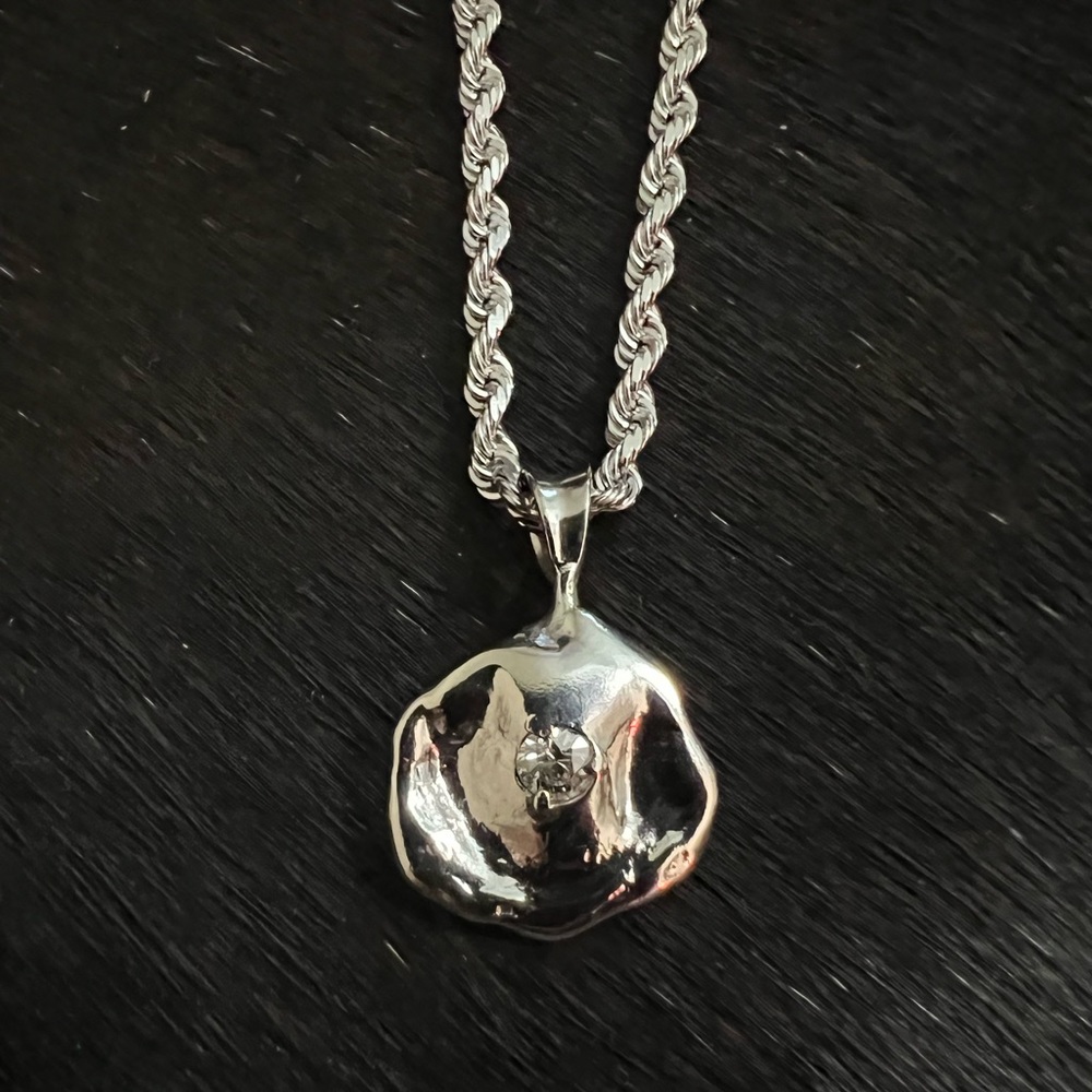 14K White Gold Diamond Nugget Pendant Rope Chain Necklace